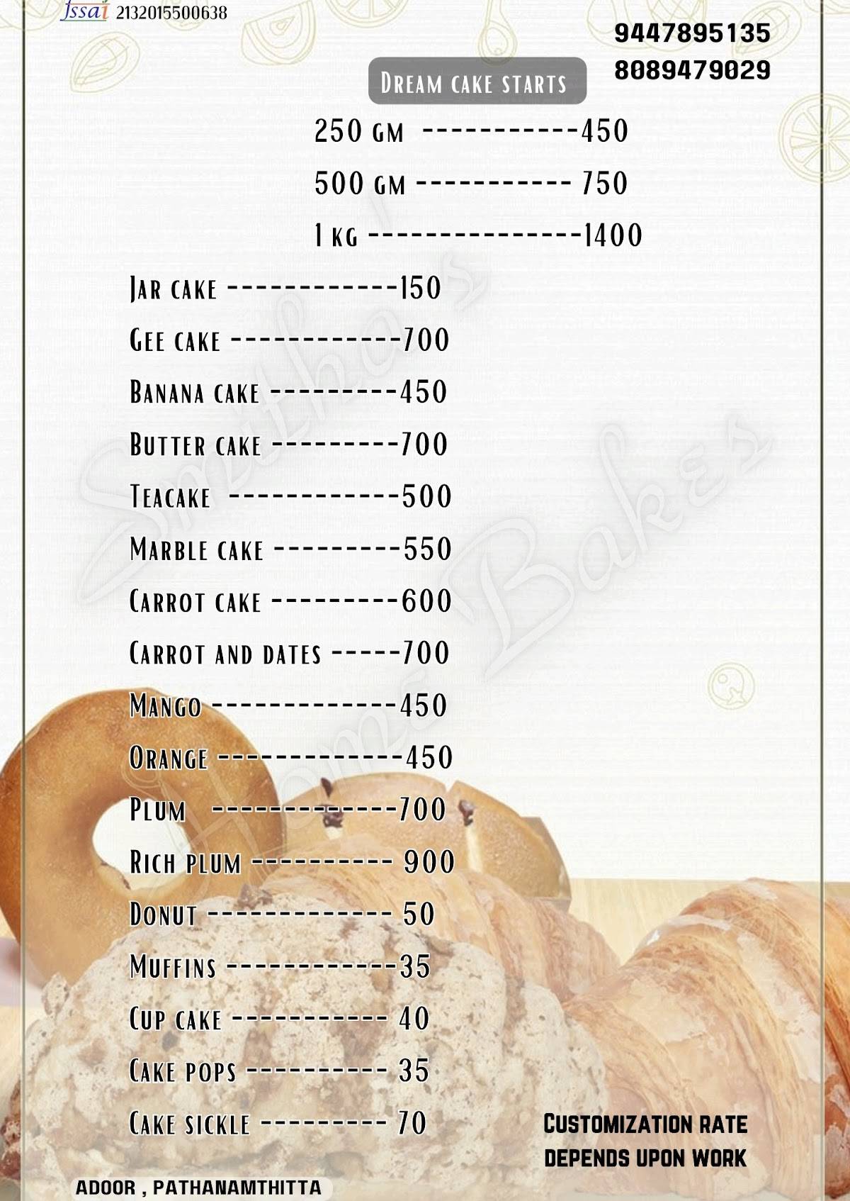 Smitha Bakers menu