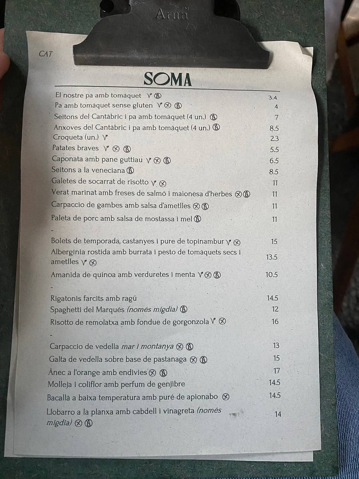 Menu at Soma restaurant, Barcelona