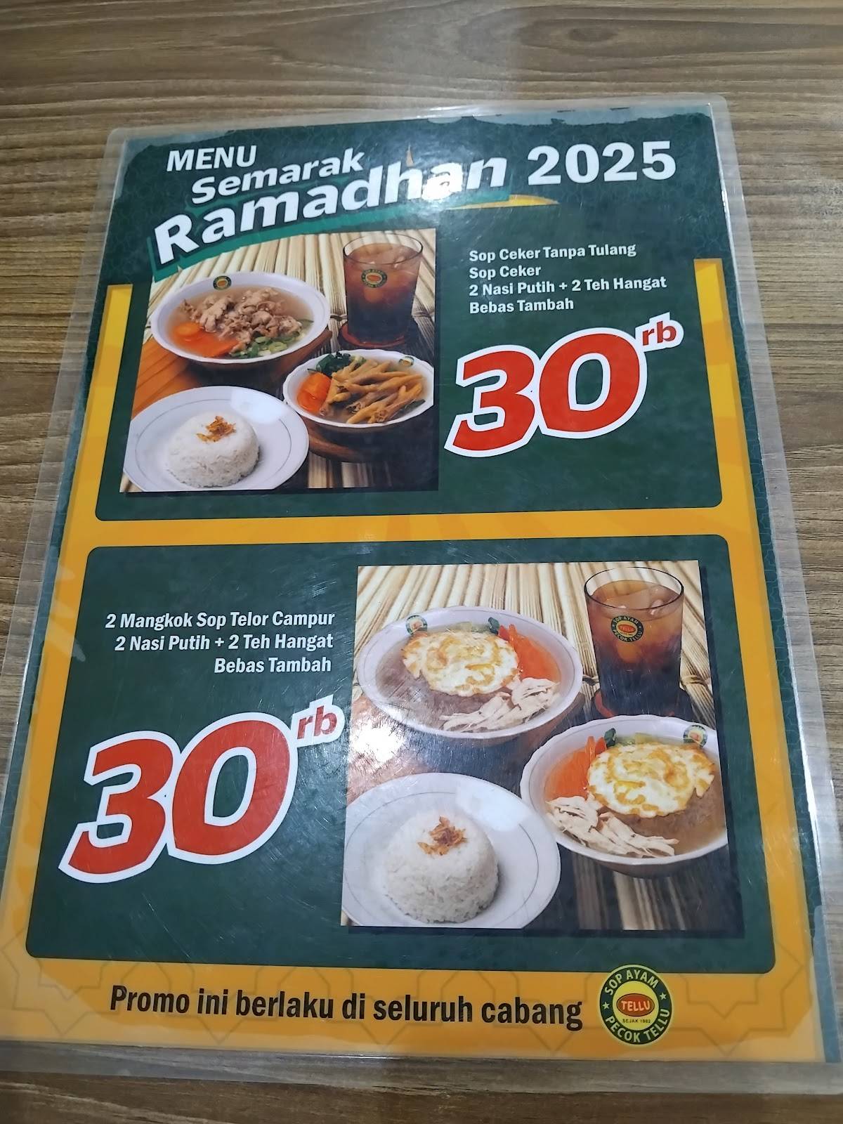 Menu at Sop Ayam Pecok Tellu, Tebel restaurant, Sidoarjo