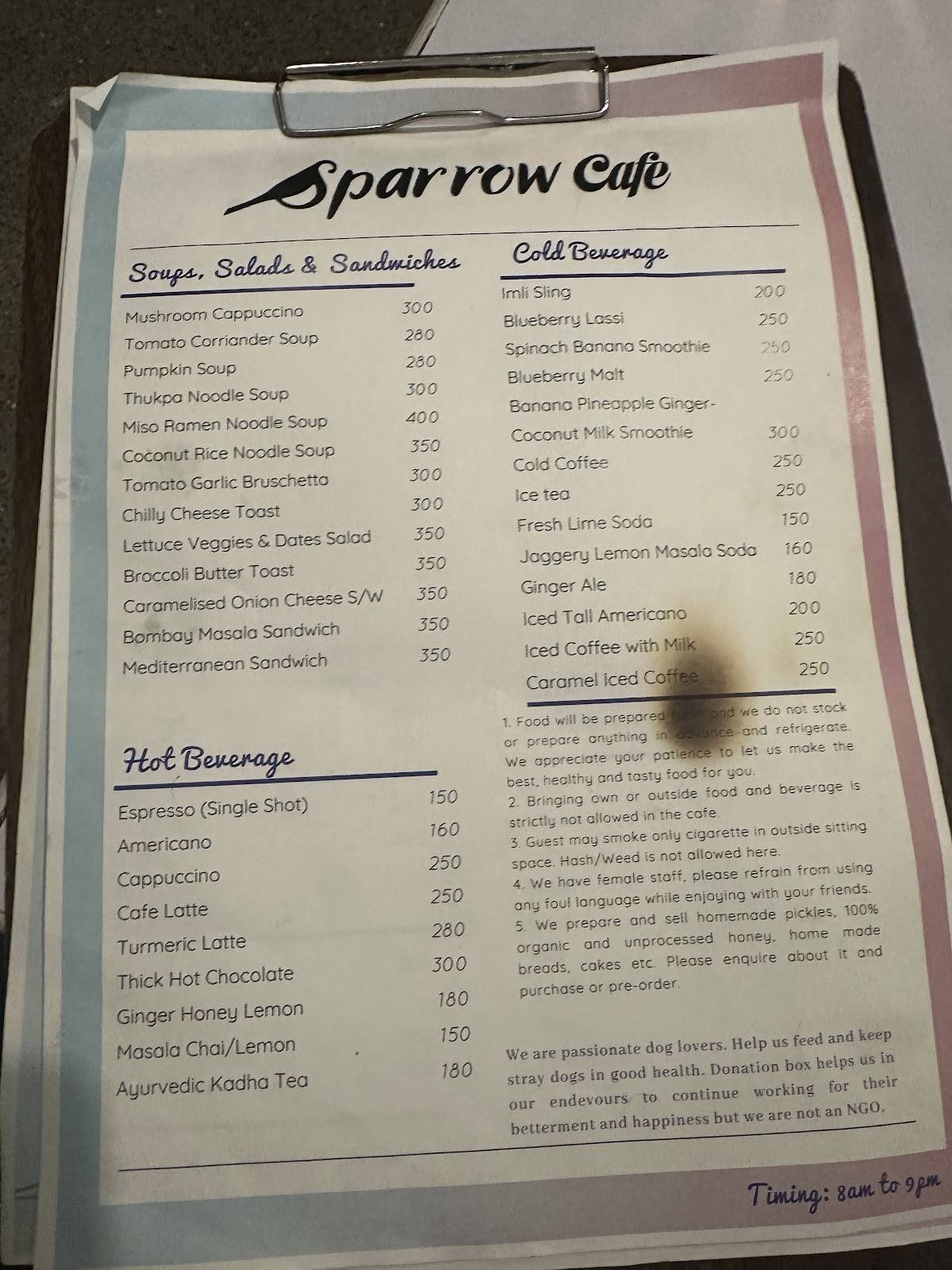Sparrow Cafe menu