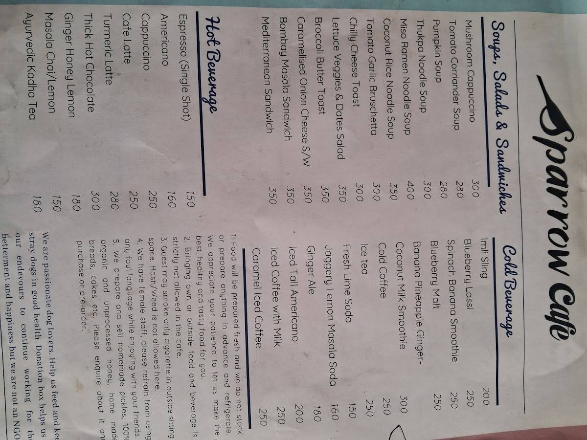 Sparrow Cafe menu