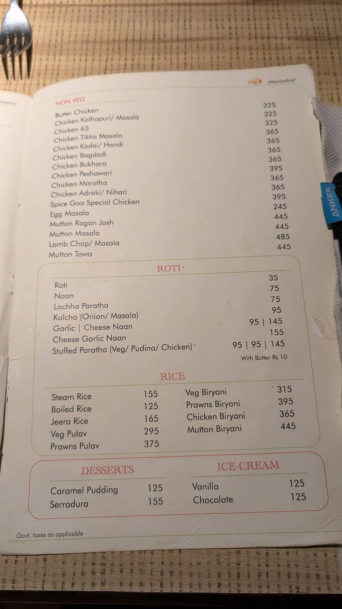 Spice Goa menu