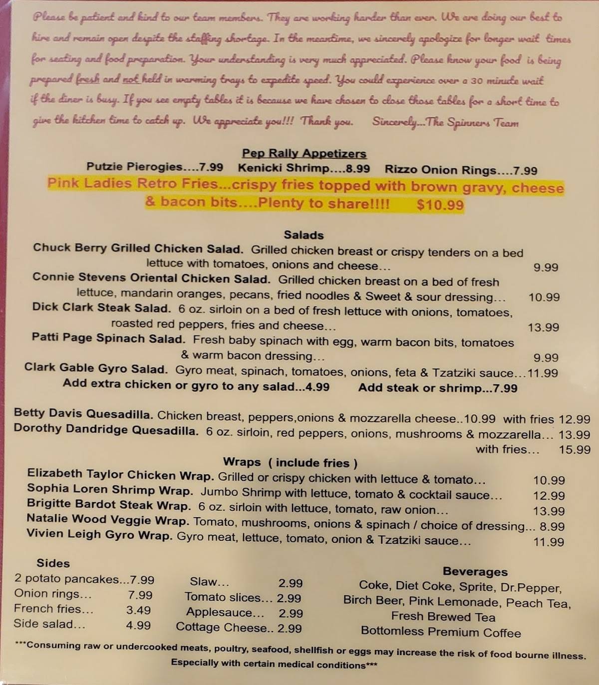 Menu at Spinner's Good Time Diner restaurant, Chardon