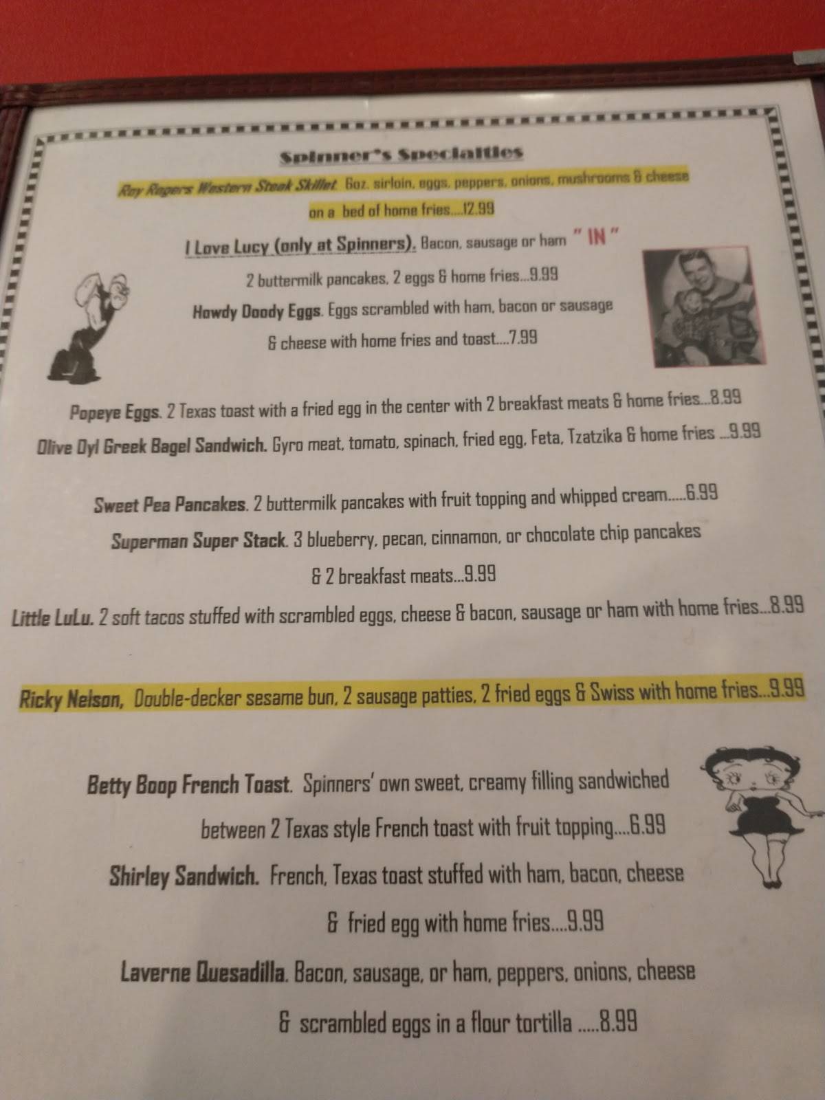 Menu at Spinner's Good Time Diner restaurant, Chardon