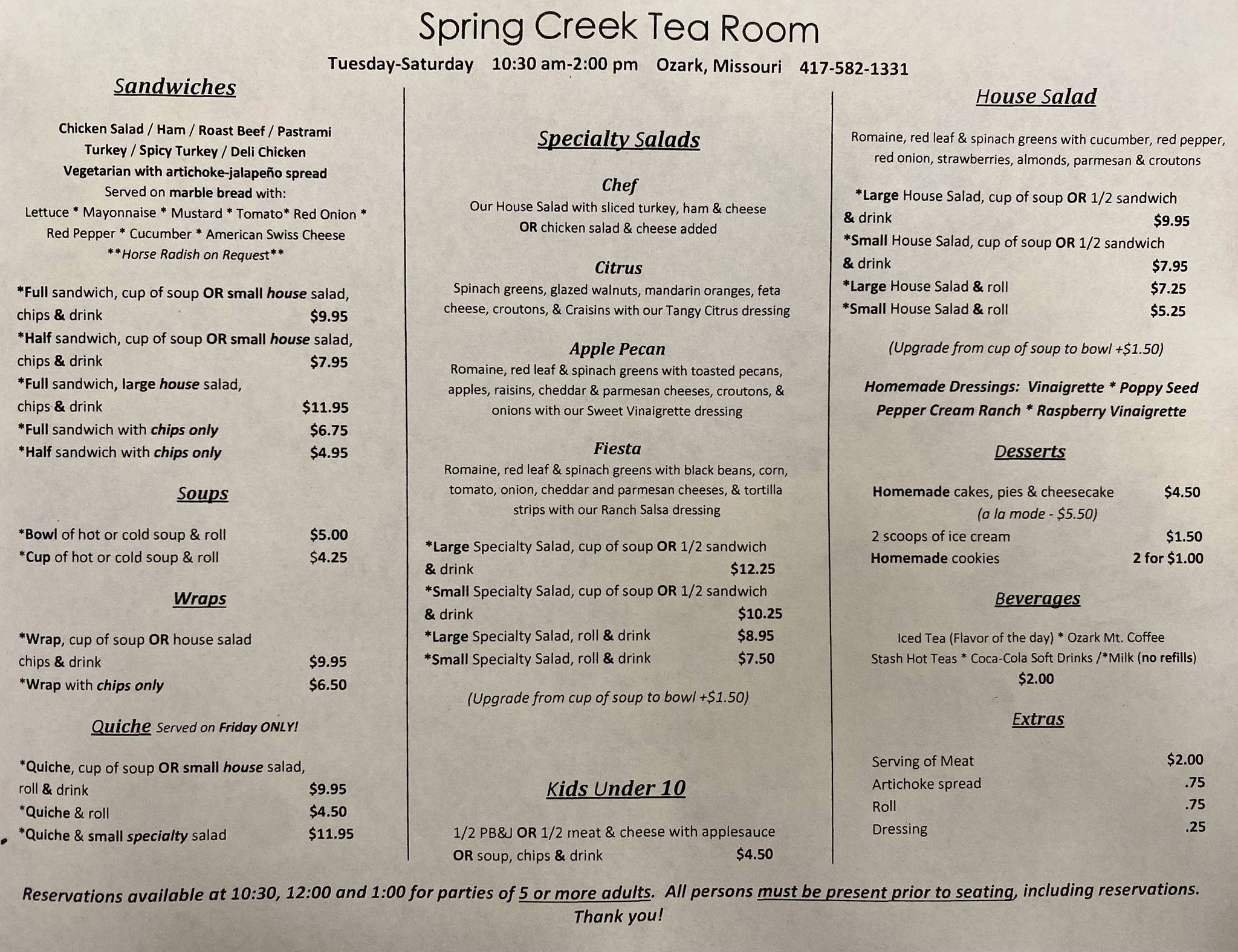 Menu at Spring Creek Tea Room restaurant, Ozark