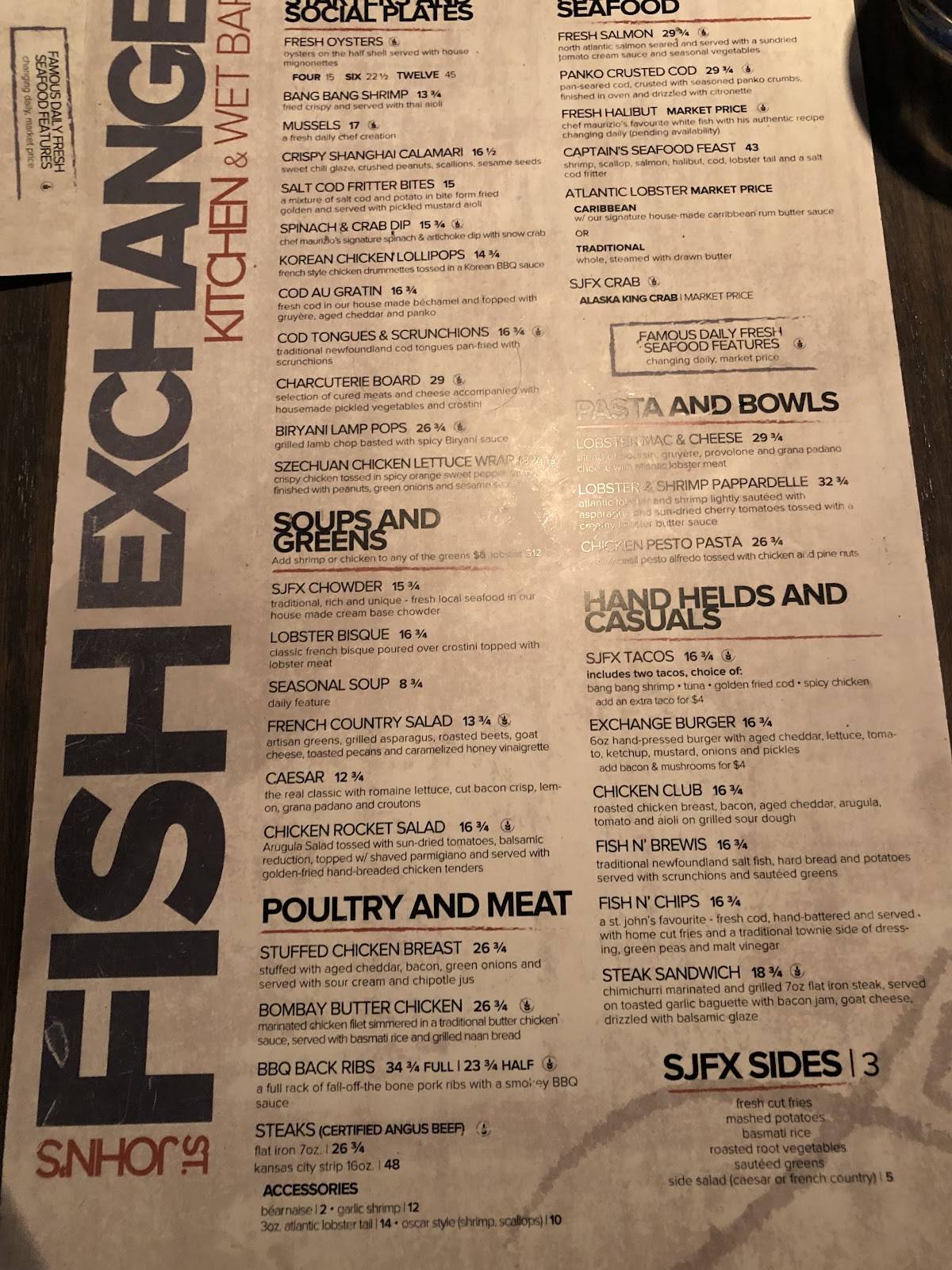 Menu at St. John's Fish Exchange Kitchen & Wet Bar, St. John's