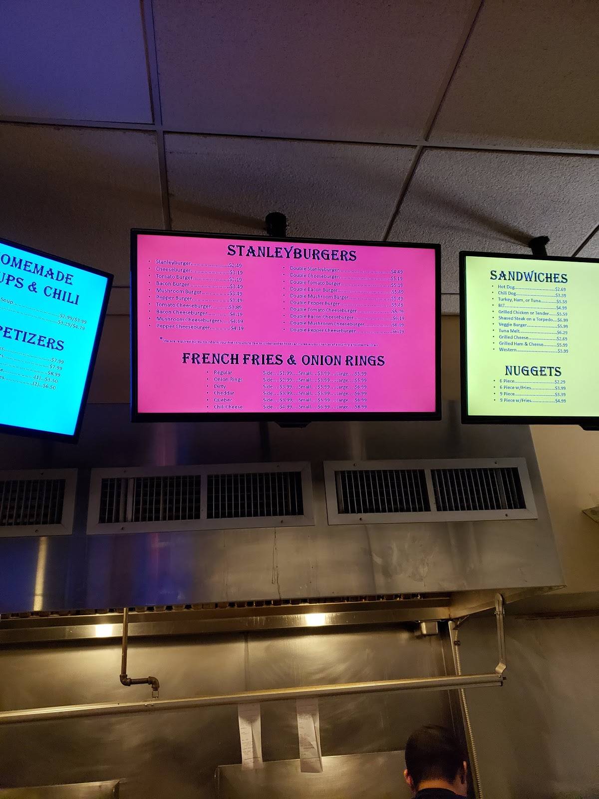 Menu at Stanley's Famous Hamburgers restaurant, Central Falls, 535