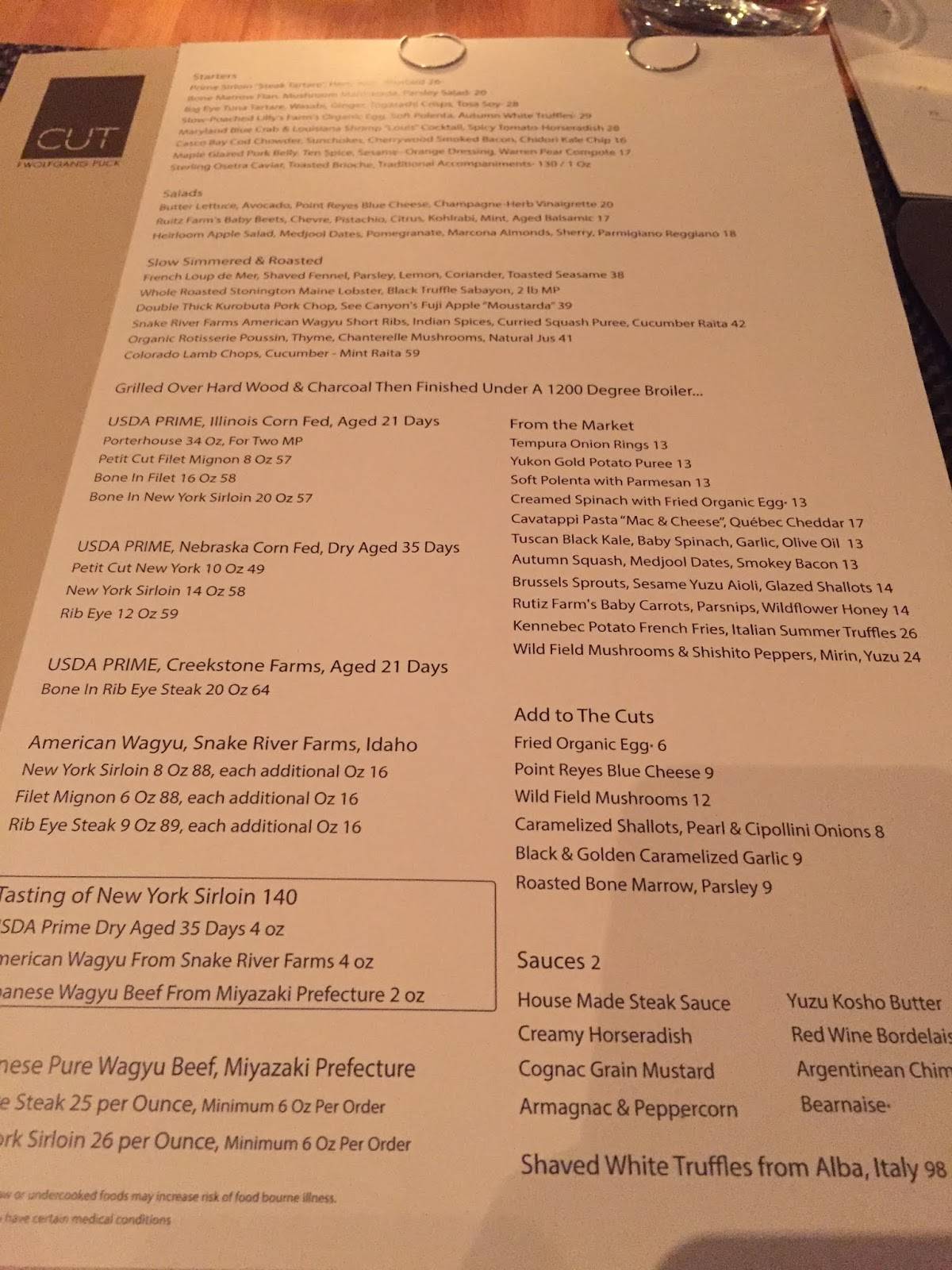 Menu at CUT Lounge steakhouse, Beverly Hills