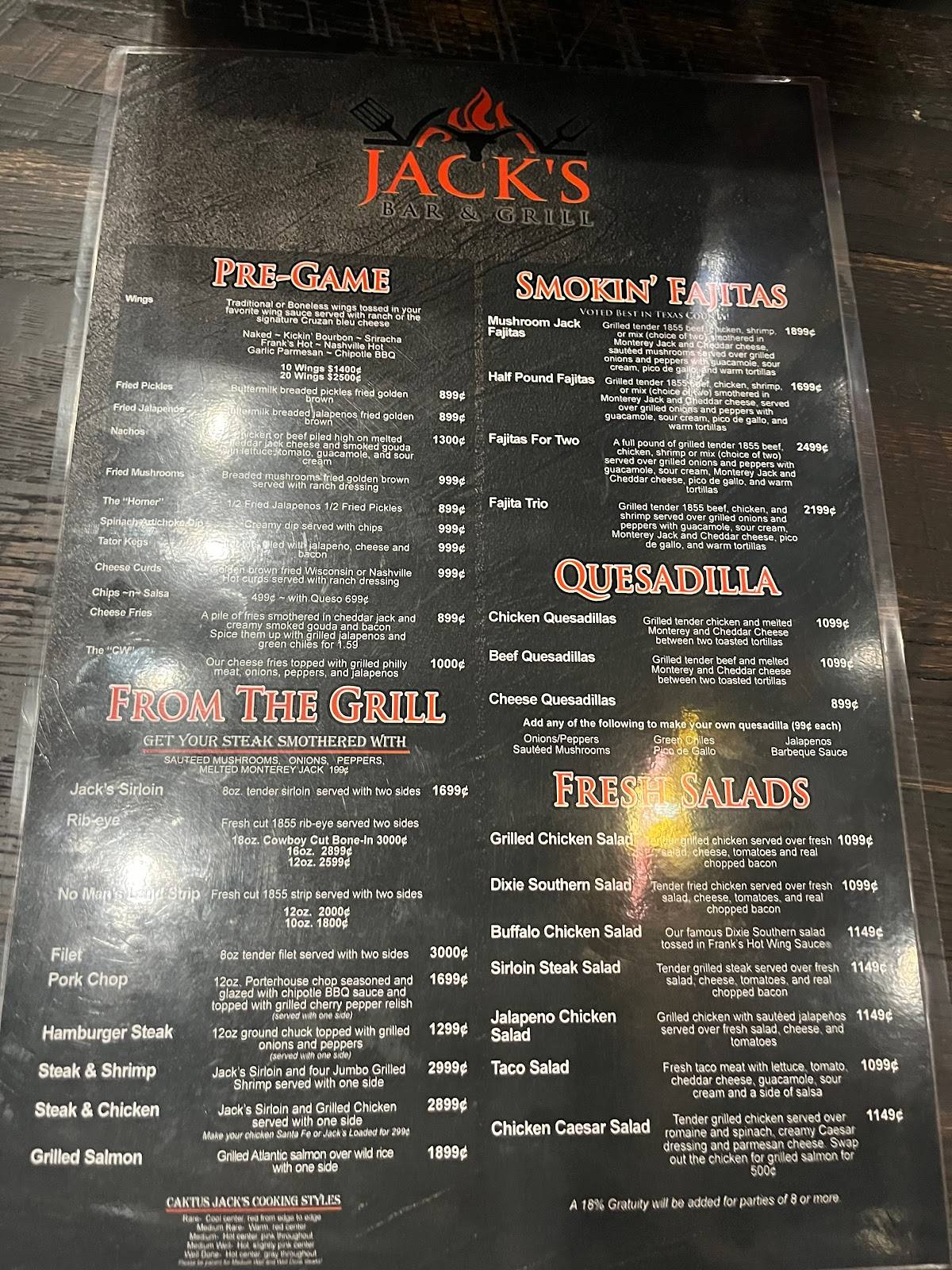 Menu at Jack's Bar and Grill, Guymon