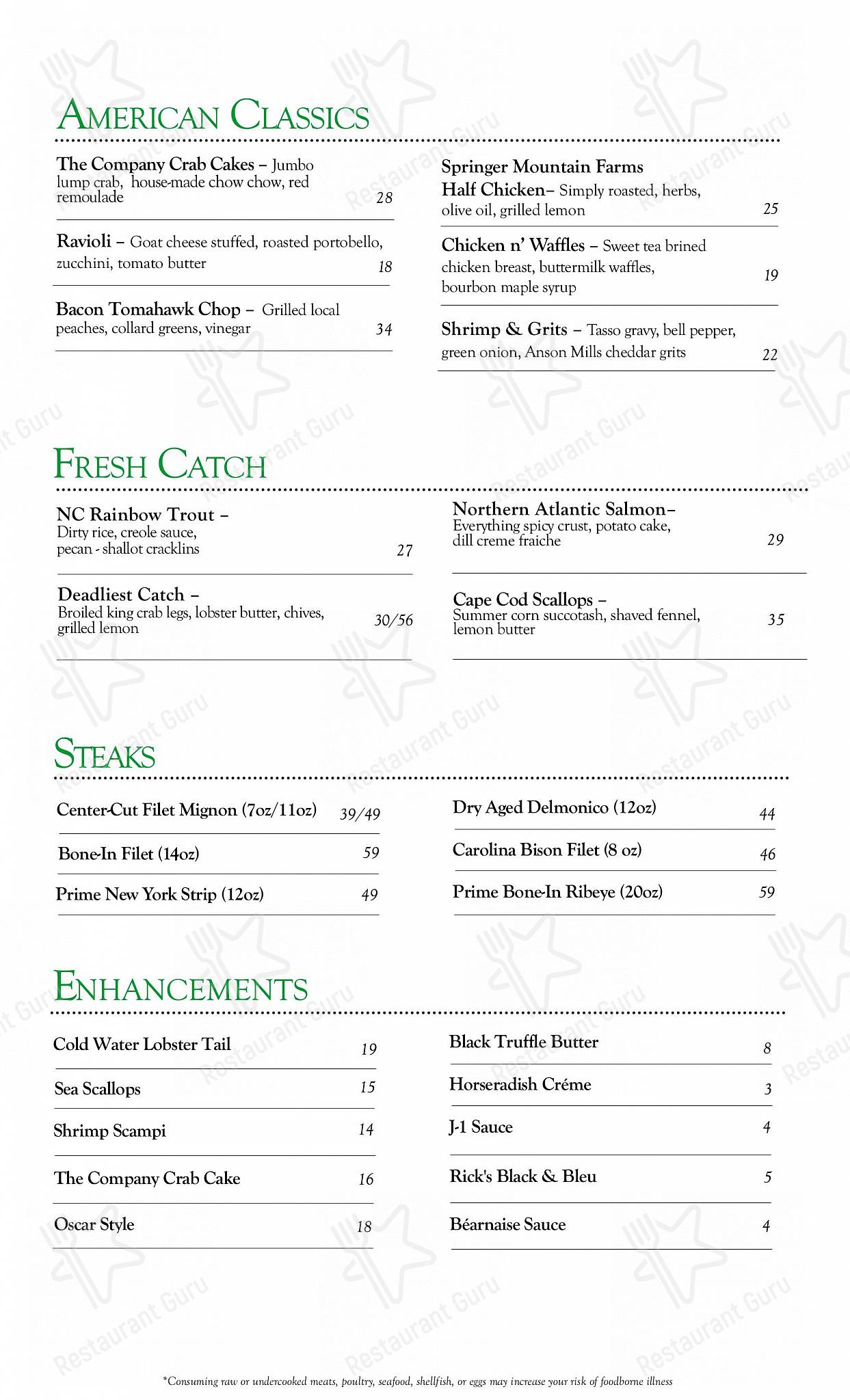 Menu at Rick Erwin's Eastside steakhouse, Greer