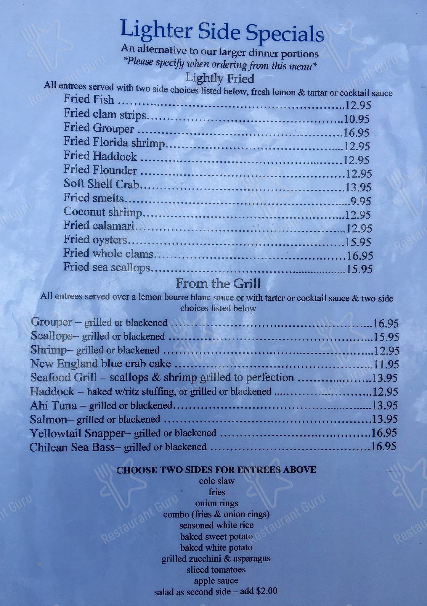 Menu at Steamers of Naples restaurant, Naples