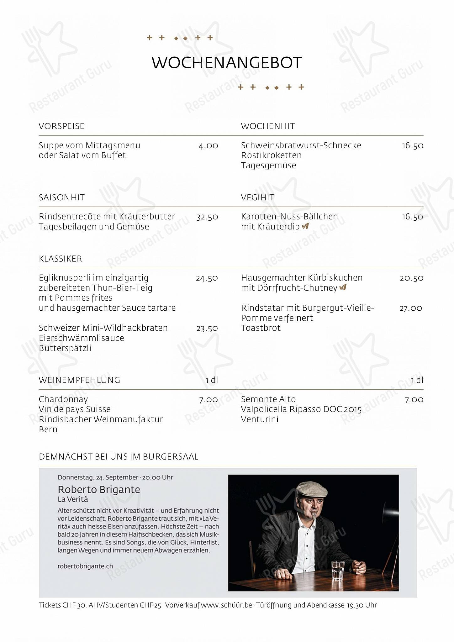 Dinner Menu per Schüür · Restaurant & Kultur ristorante