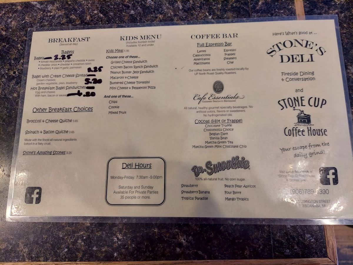 Menu at Stone Cup Coffee House & Stone's Deli, Escanaba