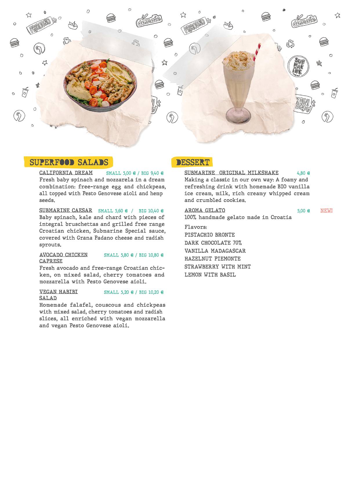 Menu di Submarine Burger Tkalčićeva 