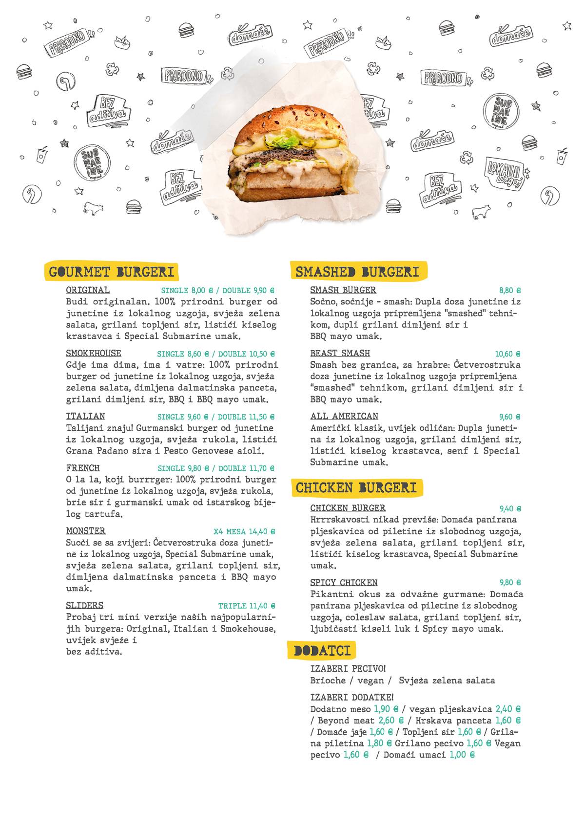 Menu di Submarine Burger Tkalčićeva 