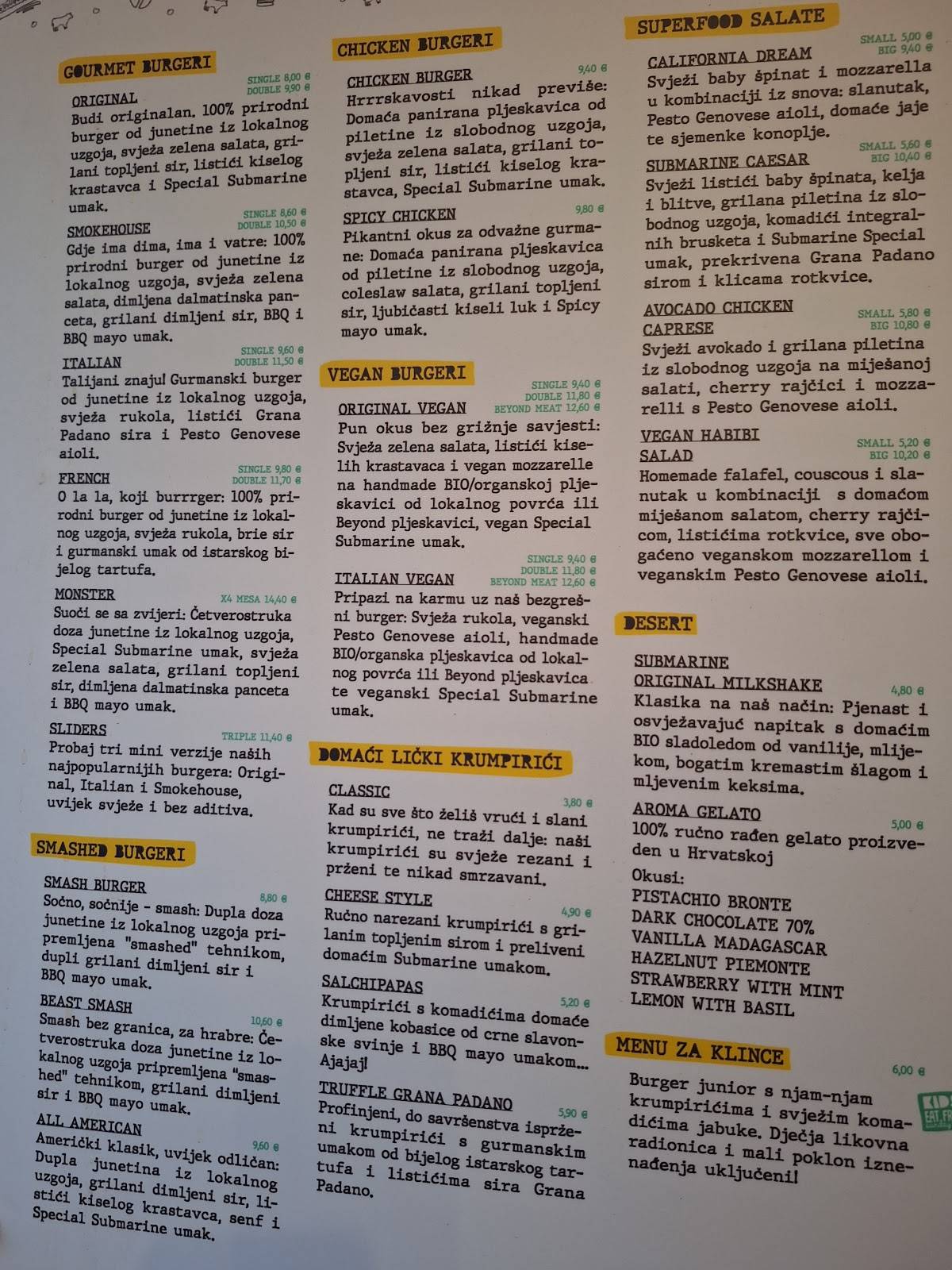 Menu di Submarine Burger Tkalčićeva 