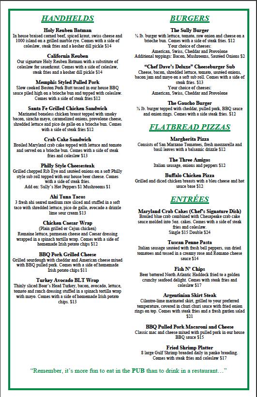 Menu at Sully's Irish Pub, Middletown