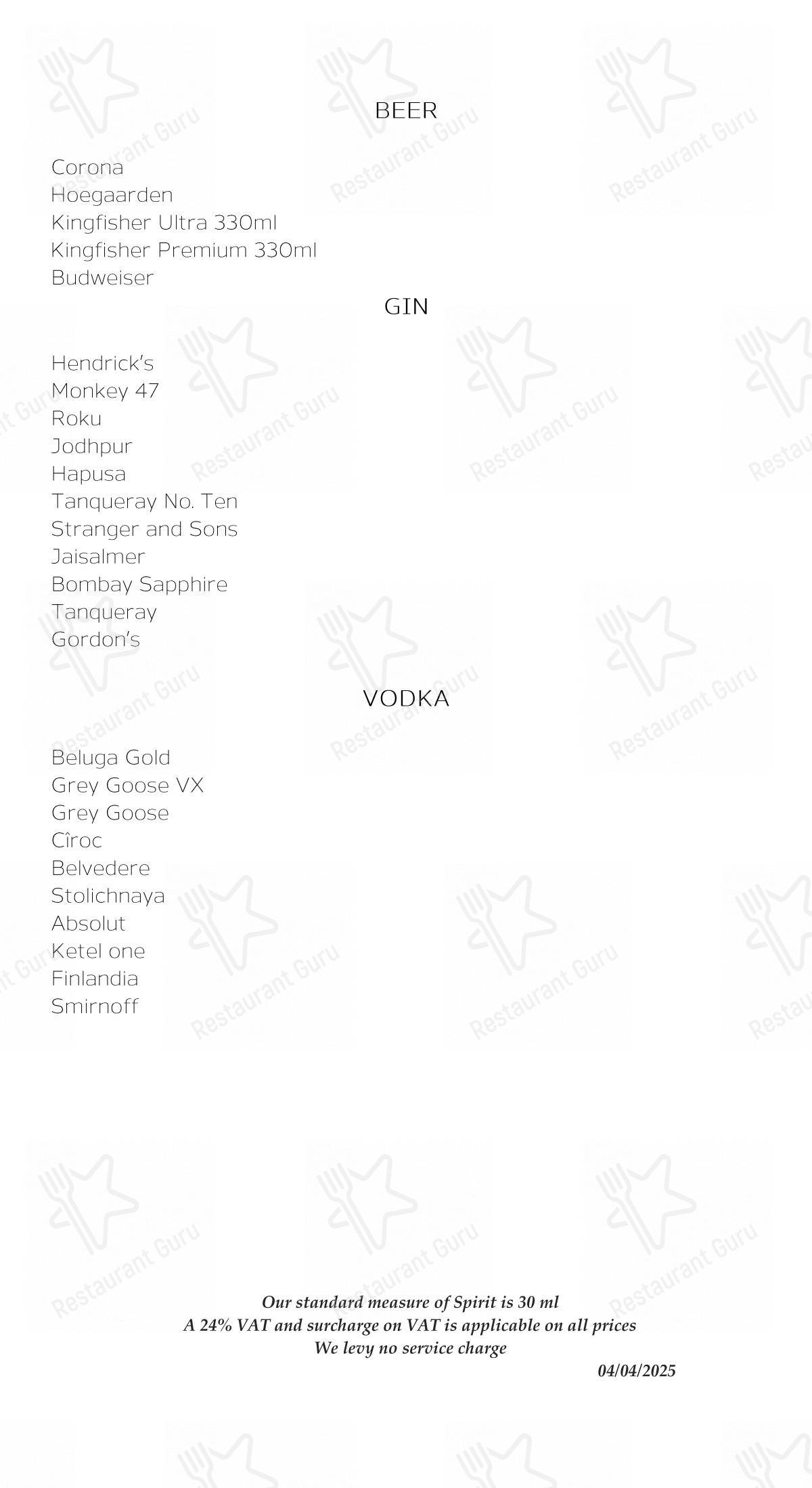 菜单 for Suryamahal & Chandni in Udaipur