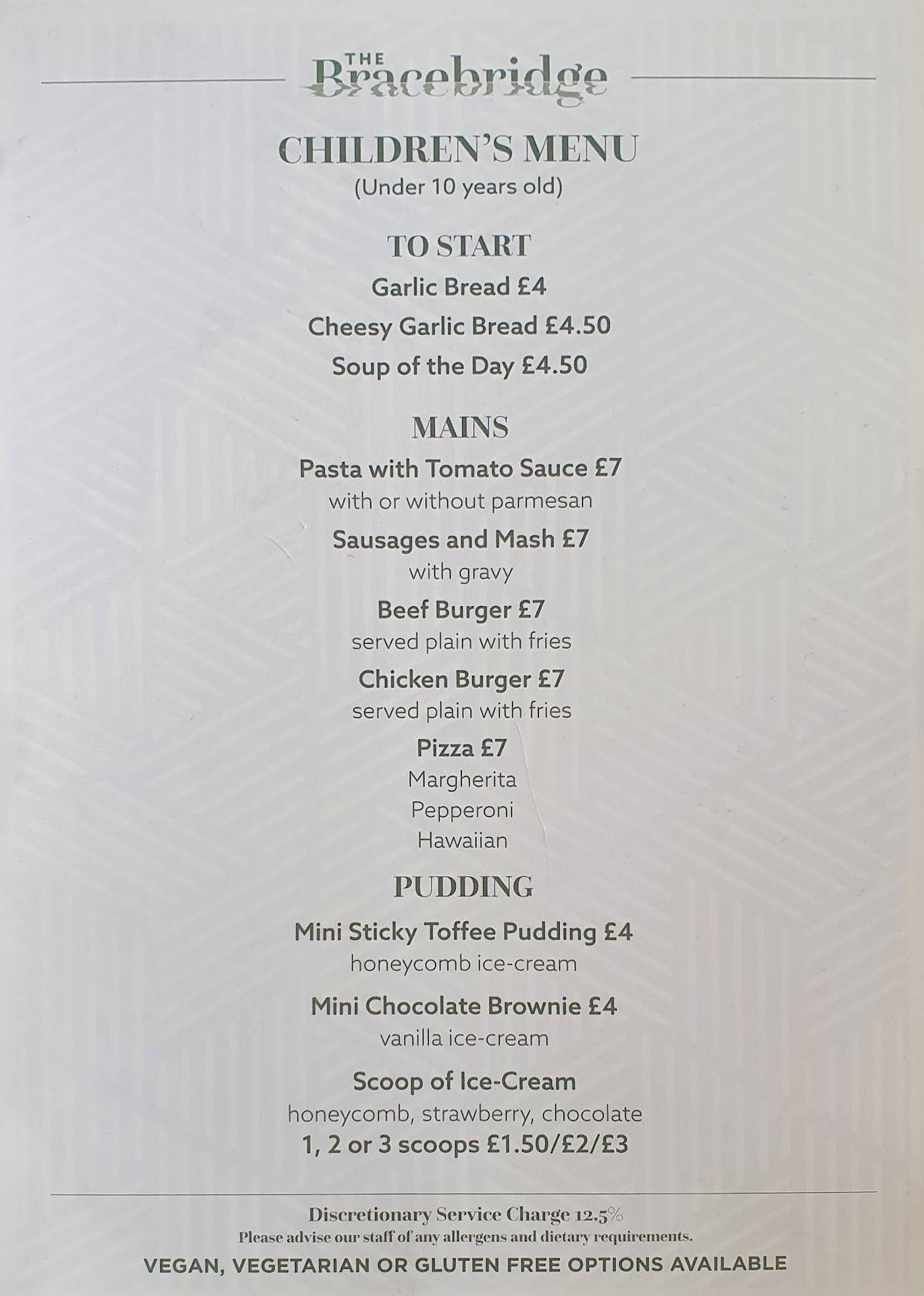 Menu at The Bracebridge restaurant, Sutton Coldfield