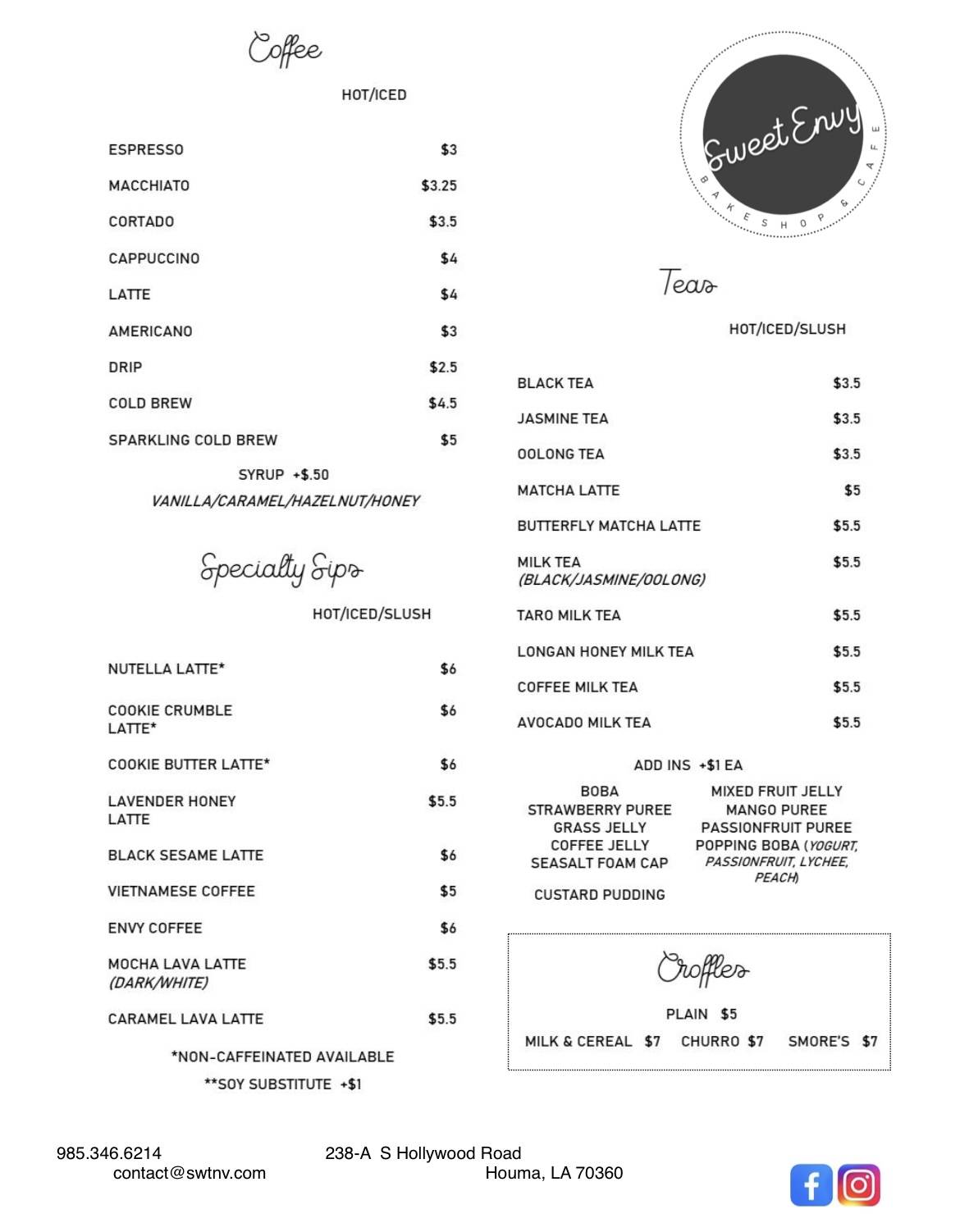 Menu at Sweet Envy Bakeshop & Cafe, Houma