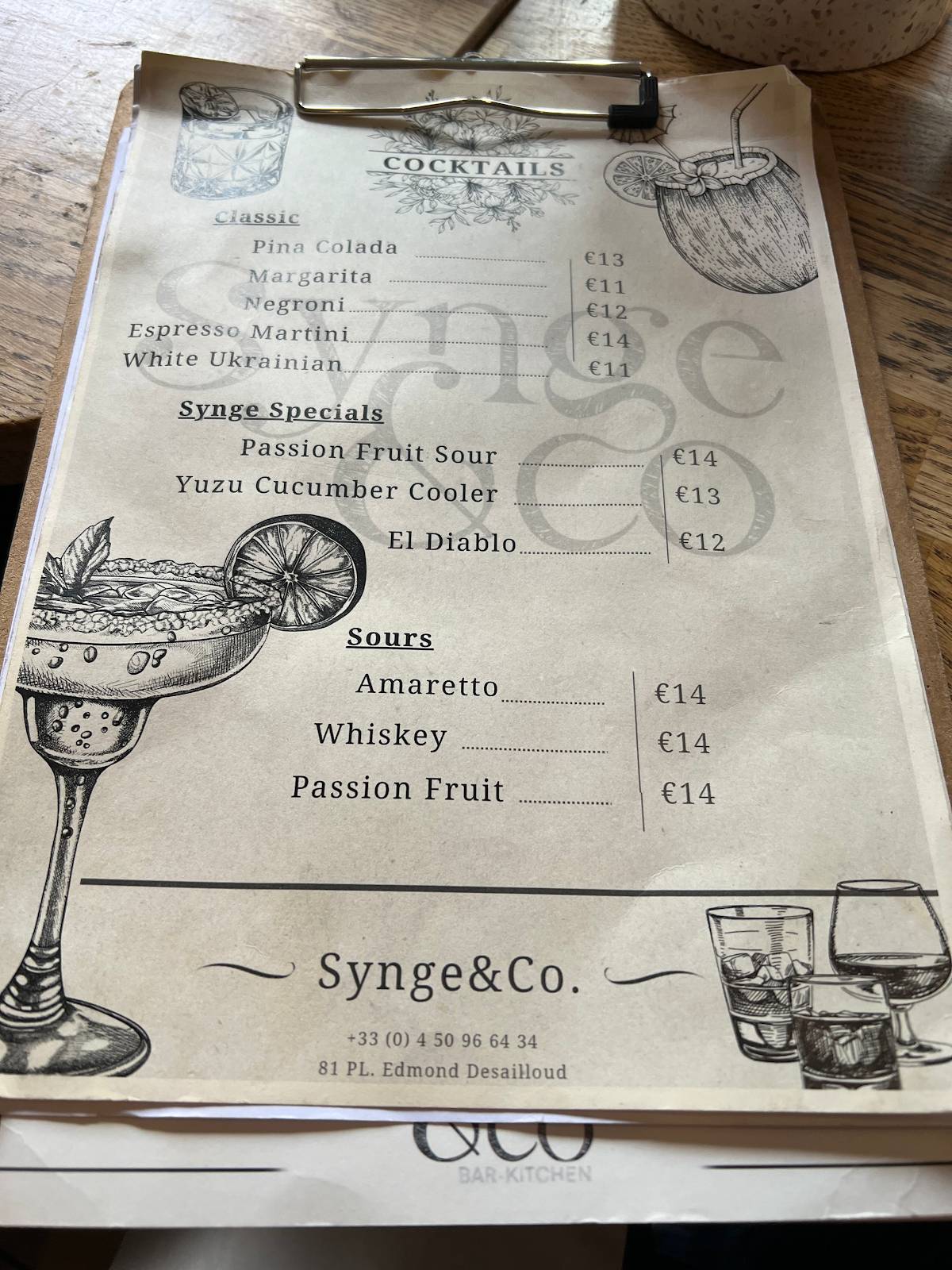 Menu de Synge & Co.