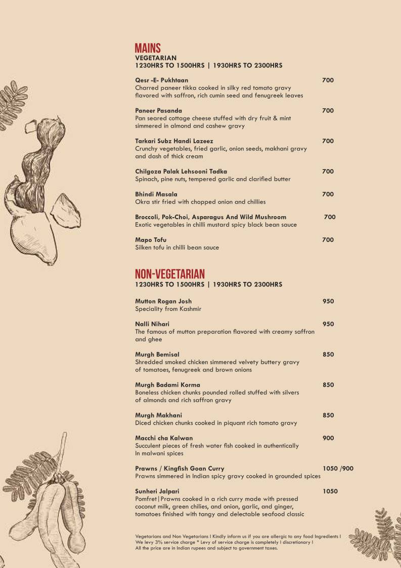 Tamarind Restaurant and Poolside, Colaba menu