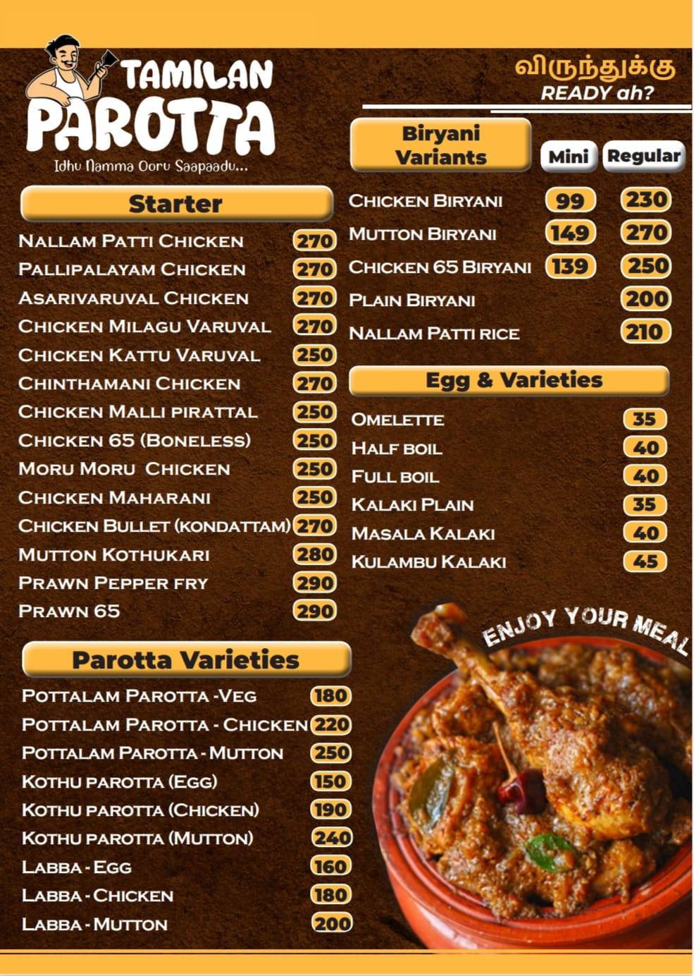 Menu at Tamilan Parotta - Marina Mall - South Indian Restaurant - Non ...
