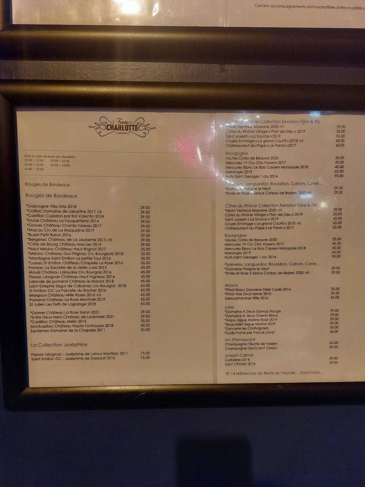 Menu au Tante Charlotte restaurant, Bordeaux