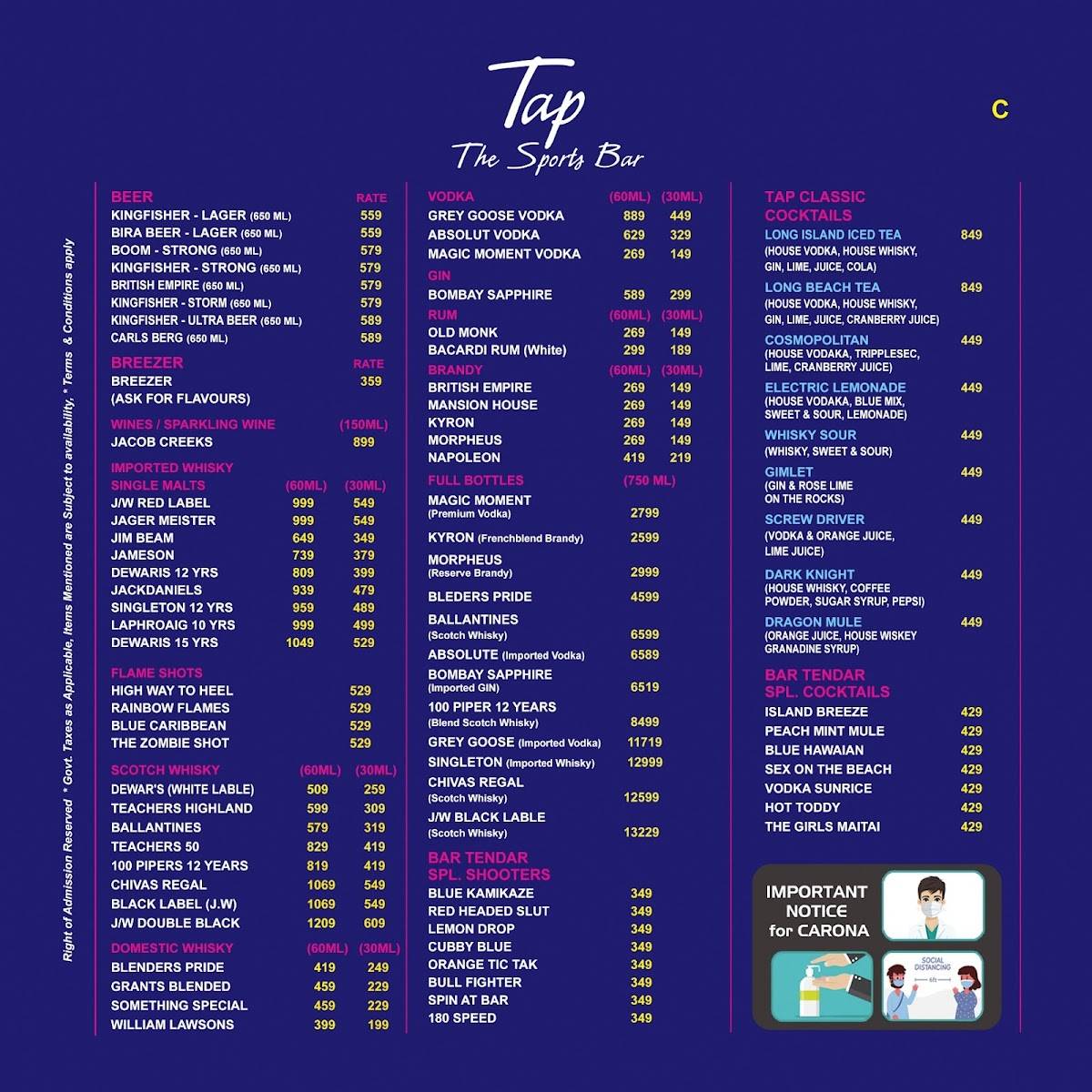 Tap The Sports Bar menu