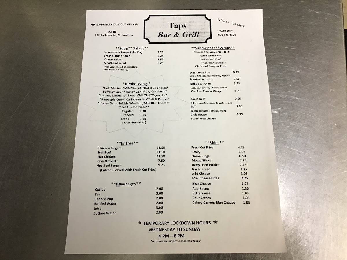 Menu at Taps Bar & Grill, Hamilton