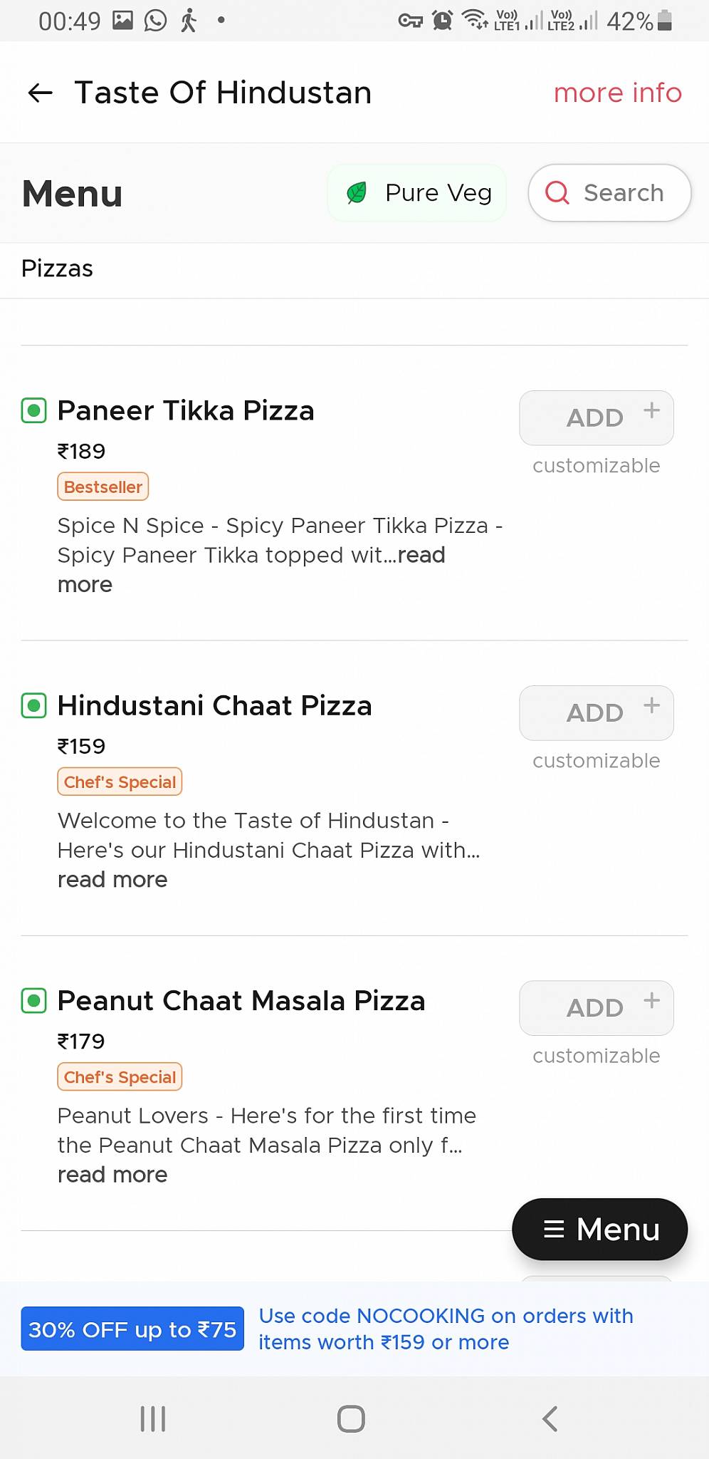 Taste of Hindustan menu