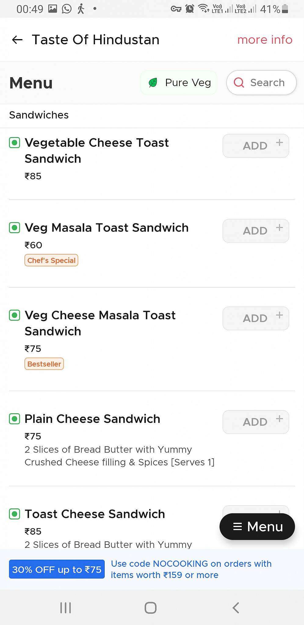 Taste of Hindustan menu