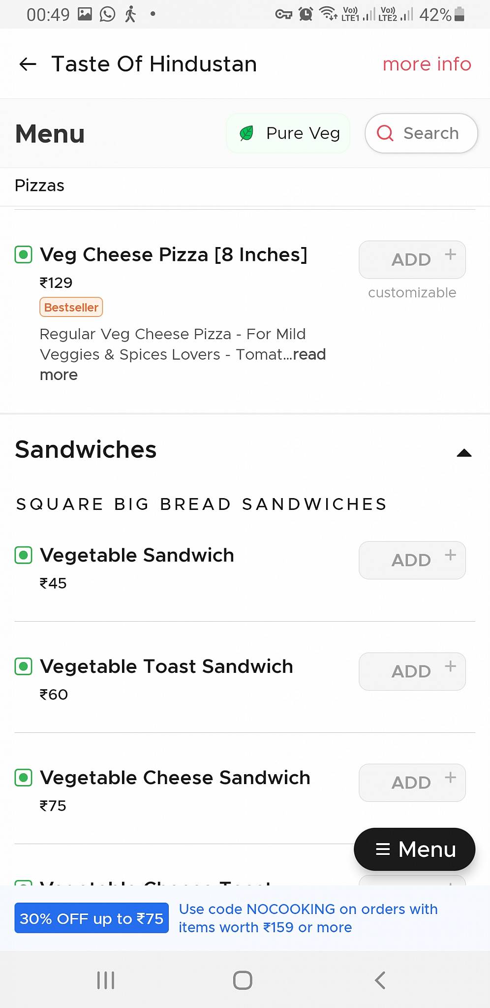 Taste of Hindustan menu