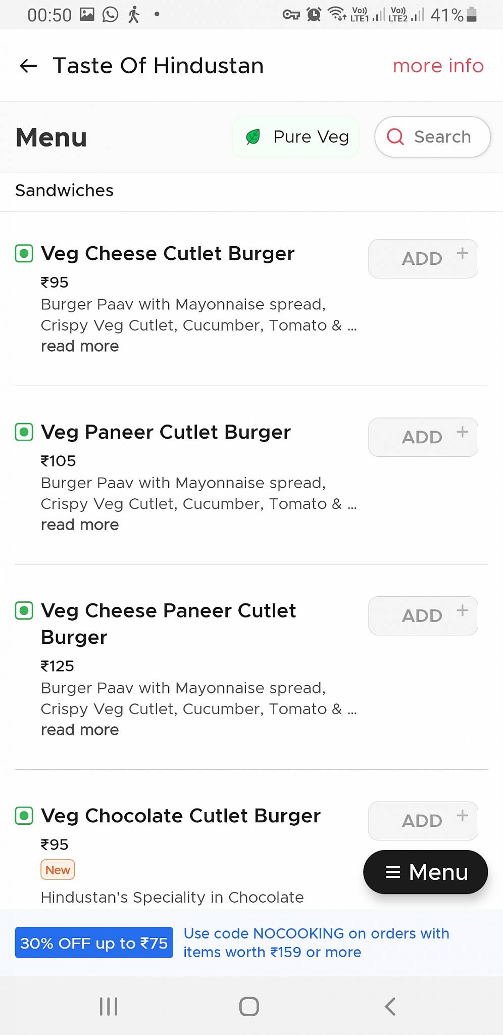 Taste of Hindustan menu