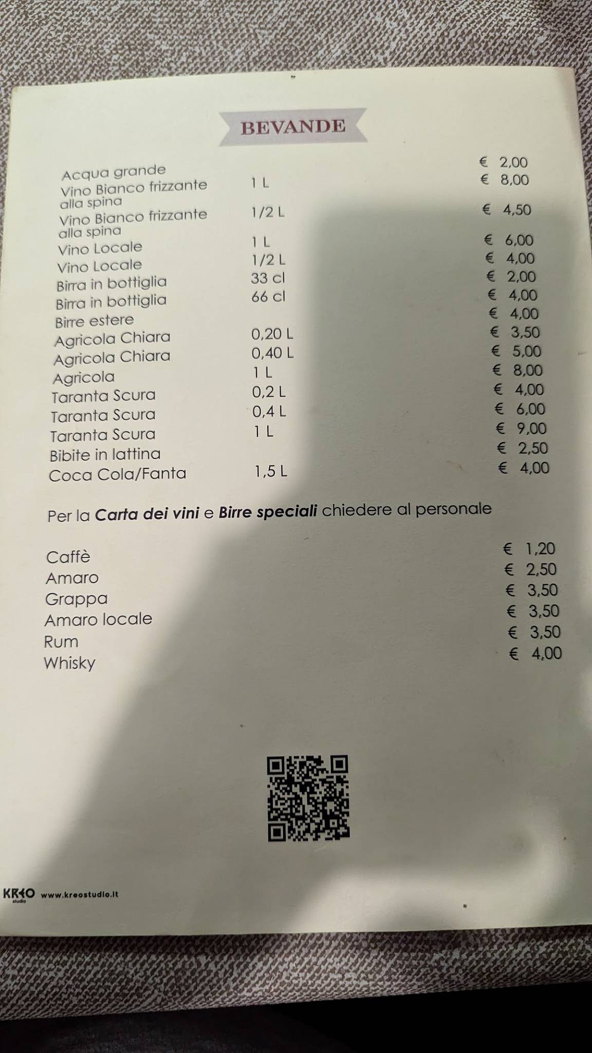 Menu di Taverna Antica 
