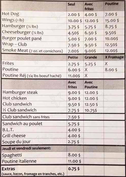 Menu de Taverne Montcalm