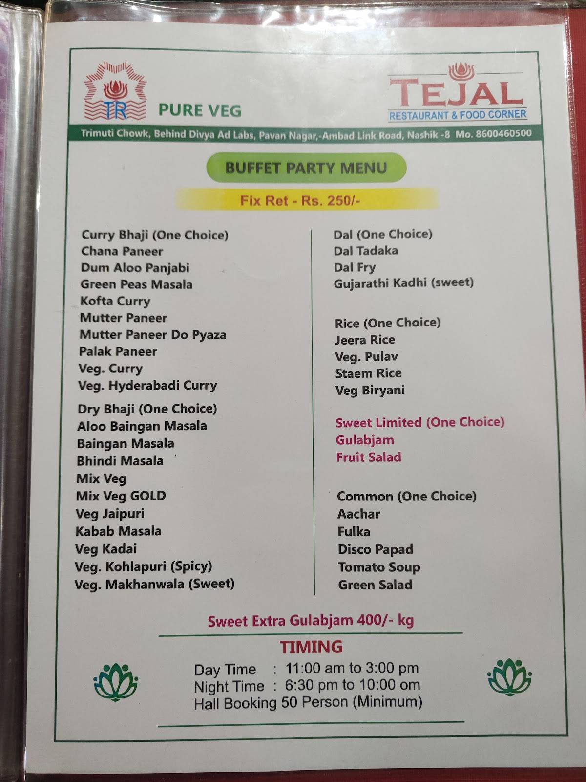 Tejal restaurant menu