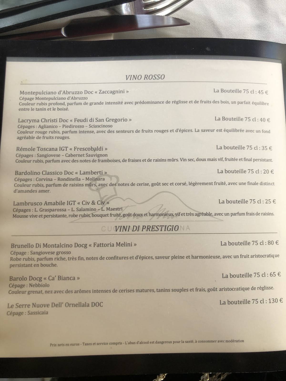 Menu de Terra Mia