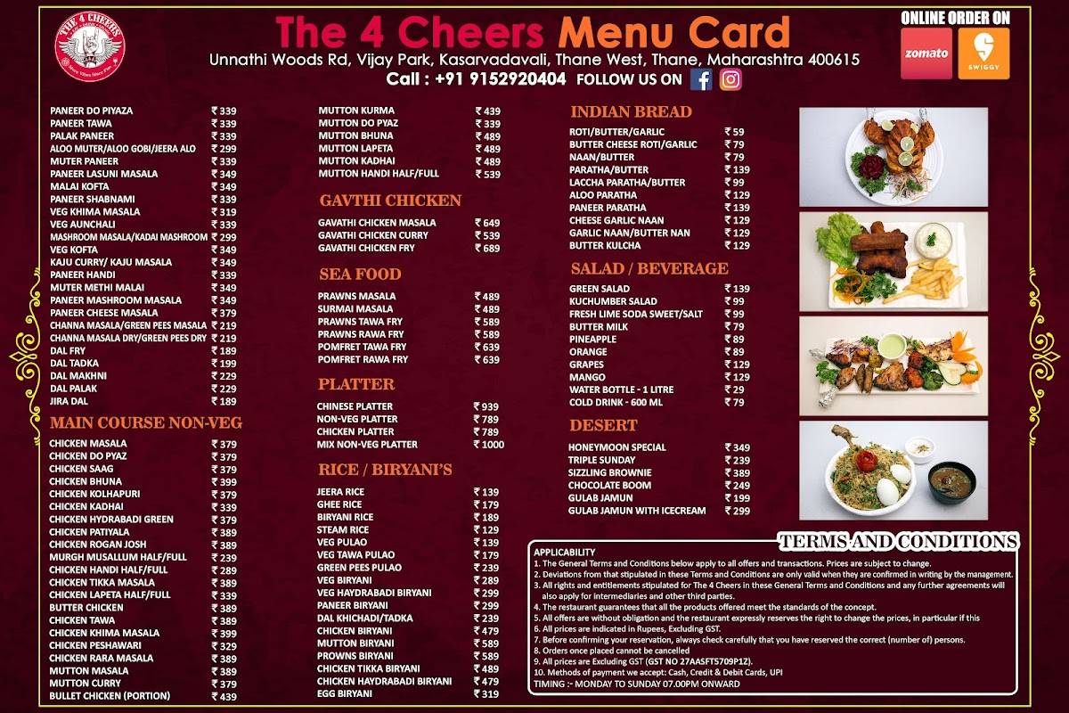 The 4 Cheers - Best Open Restaurant in Kasarvadavali,Thane west menu