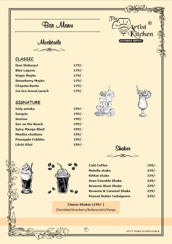 The Artist's kitchen menu