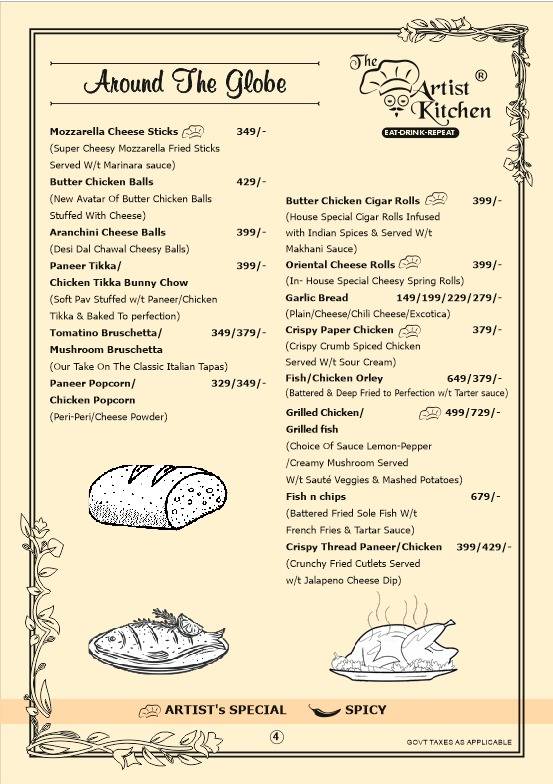 The Artist's kitchen menu