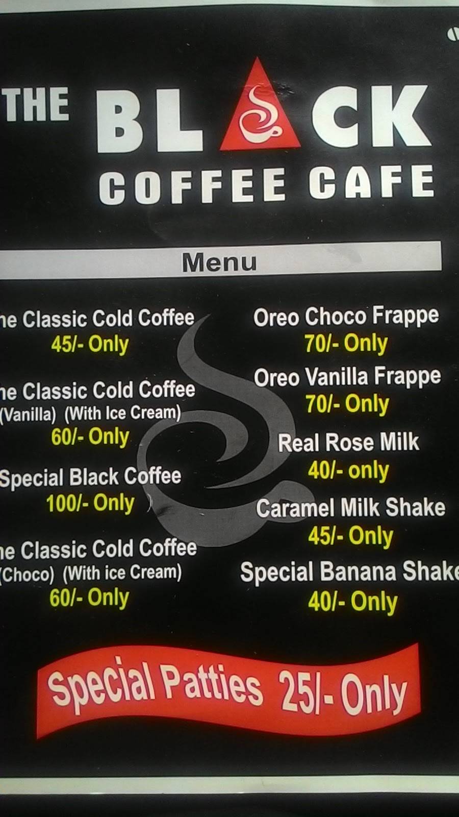 The Black Coffee Cafe menu