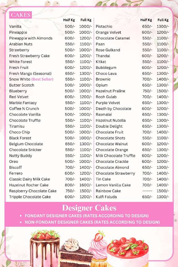 The Cake Bake menu