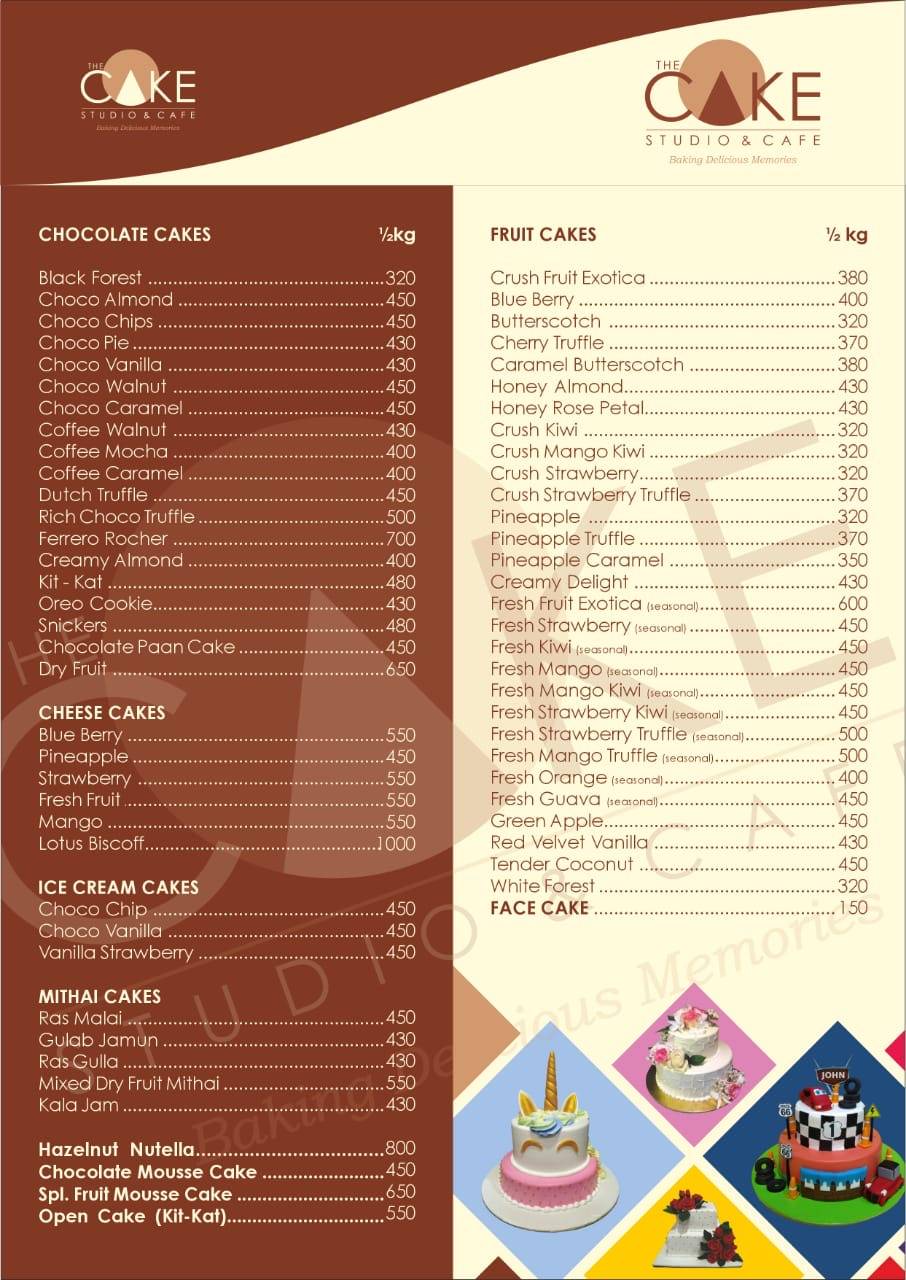 The Cake Studio menu