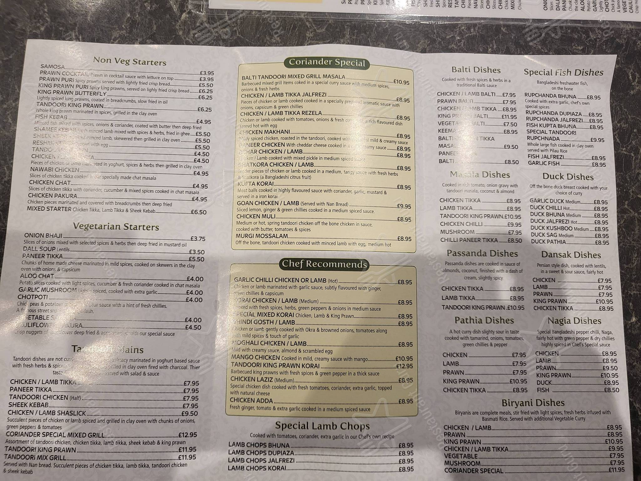 Menu at The Coriander restaurant, Basildon, 436 Whitmore Way