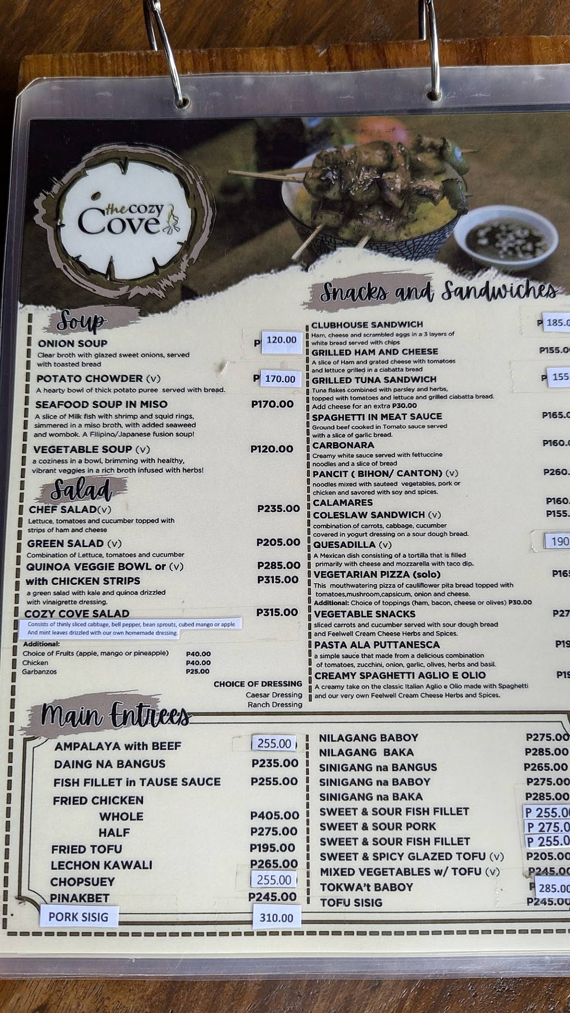 Menu at The Cozy Cove restaurant, Baguio