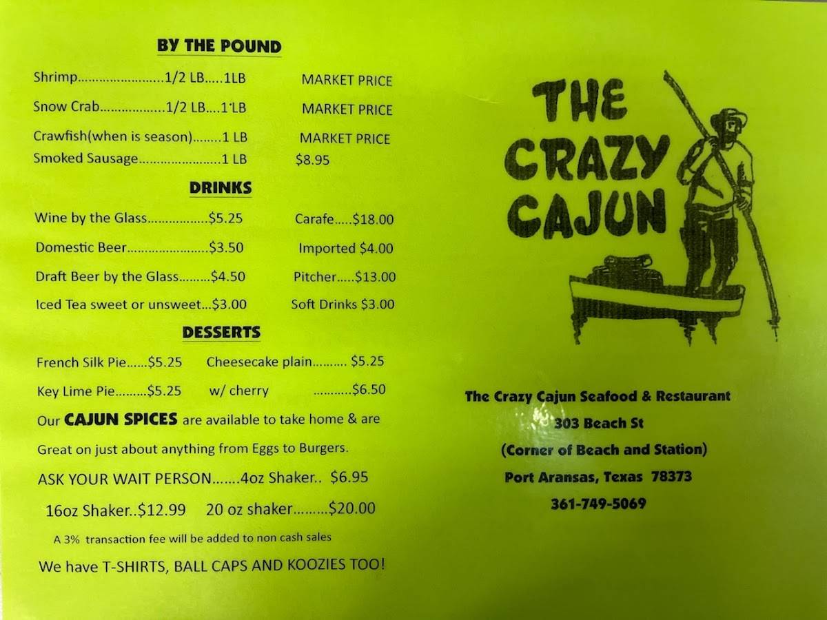 Menu at The Crazy Cajun Seafood Restaurant, Port Aransas