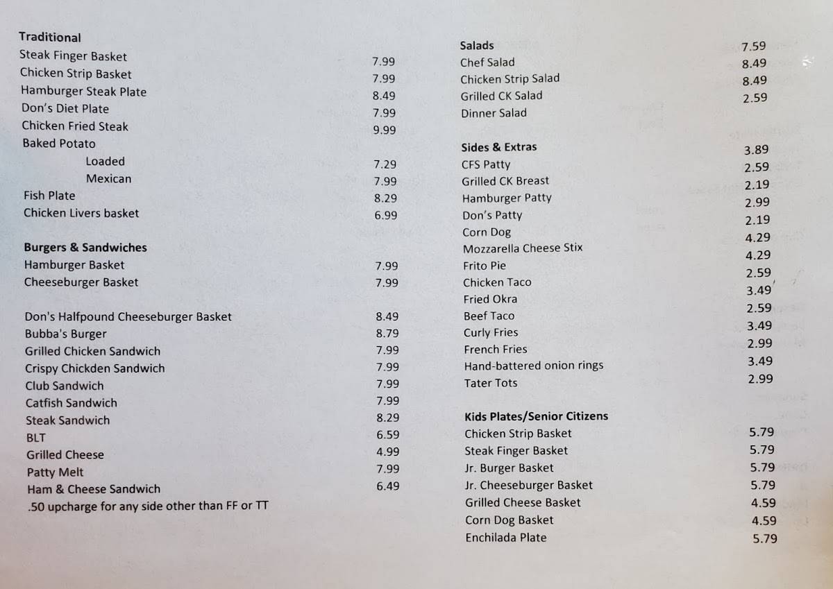 Menu at The Dairy Bar, Grand Saline