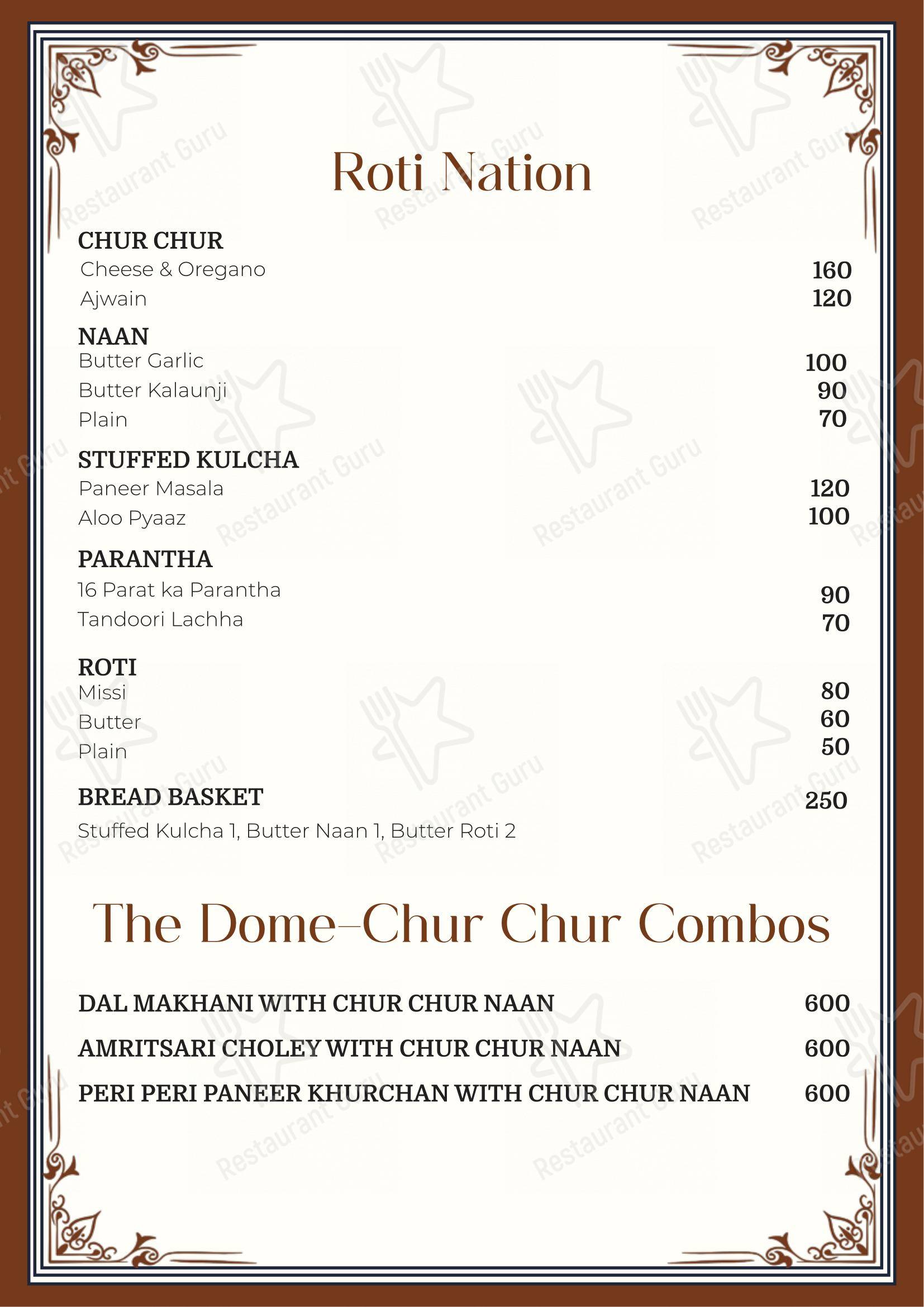 Menu for the The Dome restaurant