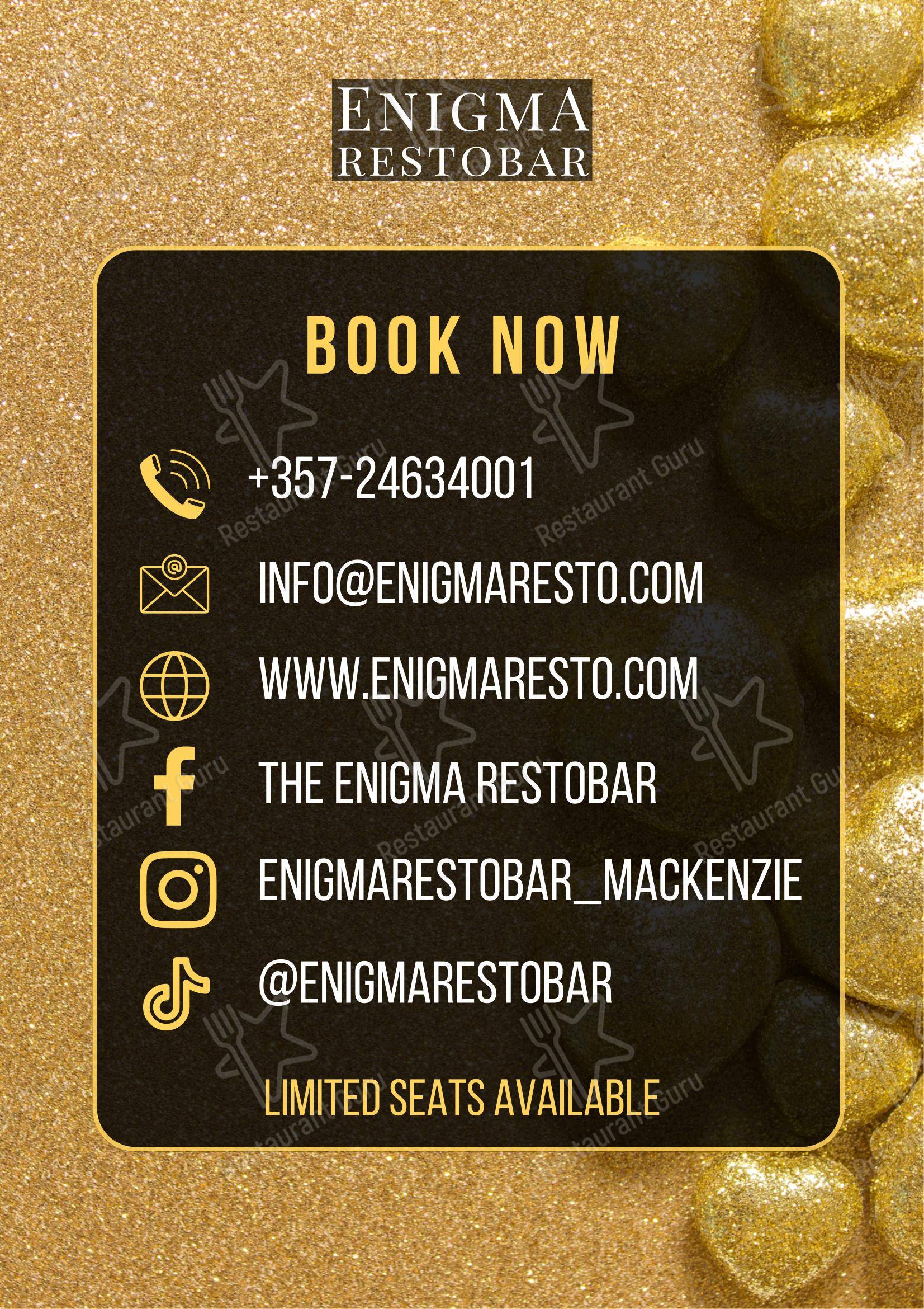 Menu pour The Enigma Restobar - plats et boissons
